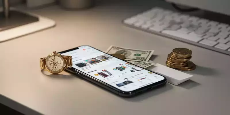 Ein Smartphone mit einer Verkaufsplattform neben einer Armbanduhr und Münzen auf einem Schreibtisch. - Foto: über boerse-global.de