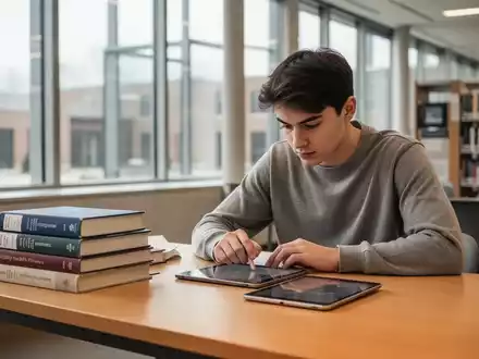 Eine konzentrierte Person lernt an einem aufgeräumten Schreibtisch in einer modernen Bibliothek. - Foto: über boerse-global.de