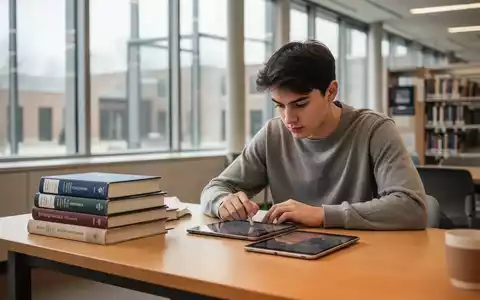 Eine konzentrierte Person lernt an einem aufgeräumten Schreibtisch in einer modernen Bibliothek. - Foto: über boerse-global.de