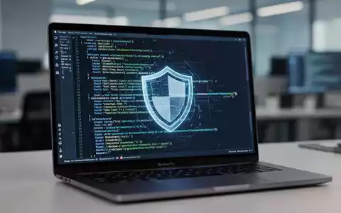 Ein moderner Laptop-Bildschirm zeigt komplexen Programmcode und ein digitales Sicherheitssymbol als Metapher für Cybersicherheit. - Foto: über boerse-global.de