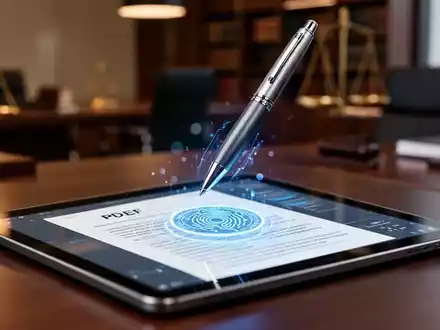 Ein digitaler Stift über einem Tablet mit einem elektronisch signierten PDF-Dokument in einer modernen Büroumgebung. - Foto: über boerse-global.de