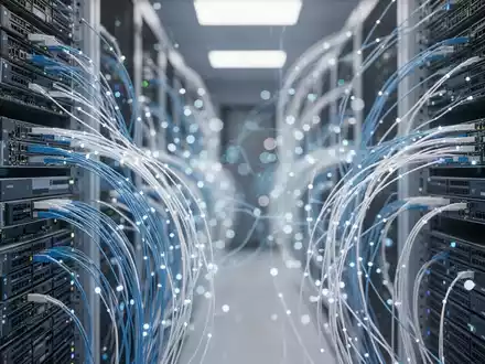 Moderne Serverinfrastruktur mit leuchtenden Glasfaserkabeln als Symbol für KI-Modellentwicklung und Rechenleistung. - Foto: über boerse-global.de
