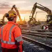 Eine Baustelle mit schwerem Gerät bei Sonnenuntergang, symbolisiert Arbeitssicherheit und industrielle Prozesse. - Foto: über boerse-global.de