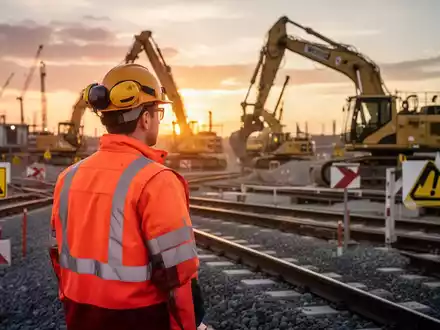 Eine Baustelle mit schwerem Gerät bei Sonnenuntergang, symbolisiert Arbeitssicherheit und industrielle Prozesse. - Foto: über boerse-global.de