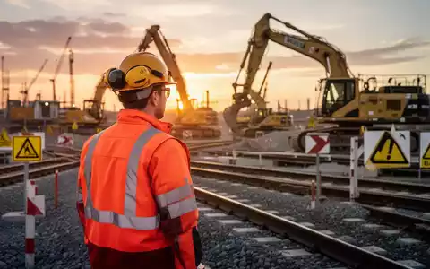 Eine Baustelle mit schwerem Gerät bei Sonnenuntergang, symbolisiert Arbeitssicherheit und industrielle Prozesse. - Foto: über boerse-global.de