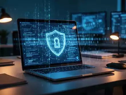 Ein Laptop-Bildschirm zeigt abstrakten digitalen Code in einem schwach beleuchteten, professionellen Büro. - Foto: über boerse-global.de
