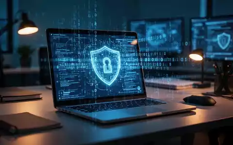 Ein Laptop-Bildschirm zeigt abstrakten digitalen Code in einem schwach beleuchteten, professionellen Büro. - Foto: über boerse-global.de
