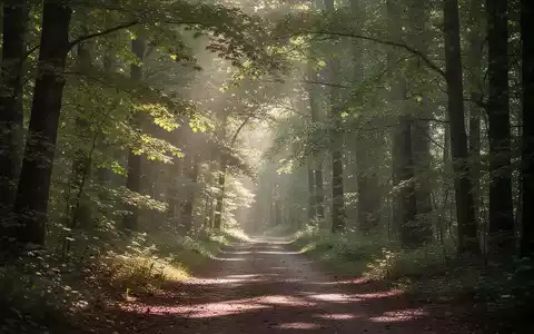 Ein friedlicher Waldweg mit Sonnenlicht, das durch die Baumkronen fällt und eine ruhige Atmosphäre schafft. - Foto: über boerse-global.de