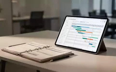 Ein moderner Schreibtisch mit einem Planer und einem Tablet, das ein Gantt-Diagramm zur Projektplanung anzeigt. - Foto: über boerse-global.de