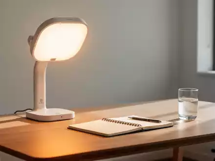 Eine moderne Tageslichtlampe auf einem aufgeräumten Schreibtisch sorgt für helles Licht zur Unterstützung des Biorhythmus. - Foto: über boerse-global.de