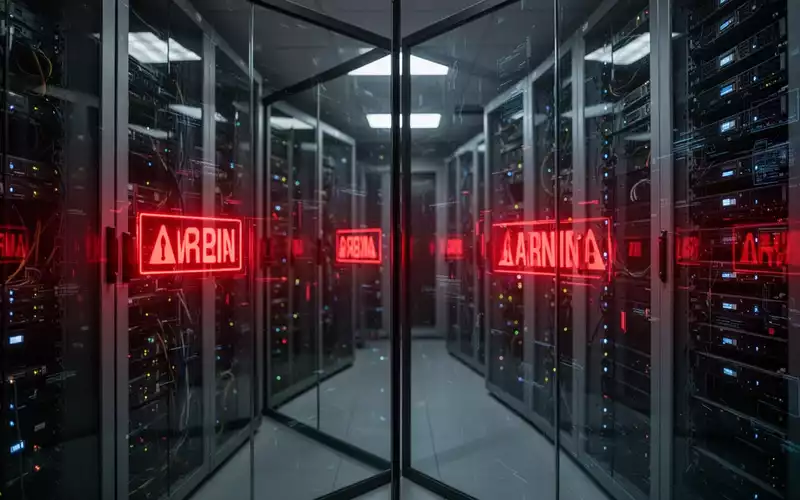 Modernes Server-Rechenzentrum mit roter Warnbeleuchtung, das eine Cyber-Sicherheitsbedrohung symbolisiert. - Foto: über boerse-global.de