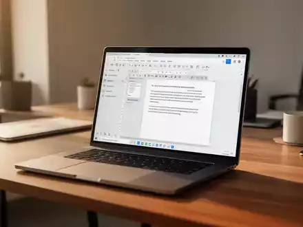Ein moderner Laptop auf einem Holztisch mit Open-Source-Textverarbeitungssoftware in einem hellen, professionellen Büro. - Foto: über boerse-global.de