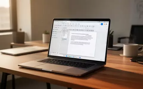 Ein moderner Laptop auf einem Holztisch mit Open-Source-Textverarbeitungssoftware in einem hellen, professionellen Büro. - Foto: über boerse-global.de