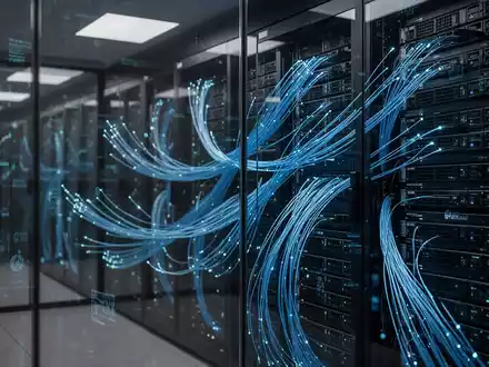 Moderner Serverraum mit leuchtend blauen Kabeln, die digitale Finanzinfrastruktur und Cybersicherheit darstellen. - Foto: über boerse-global.de