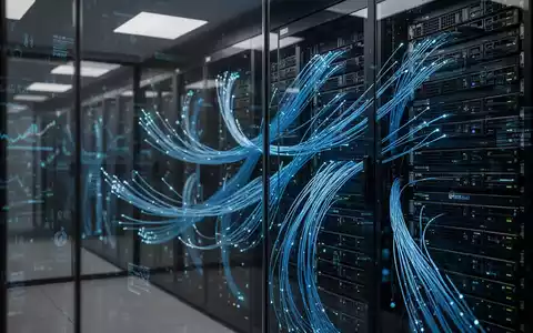 Moderner Serverraum mit leuchtend blauen Kabeln, die digitale Finanzinfrastruktur und Cybersicherheit darstellen. - Foto: über boerse-global.de