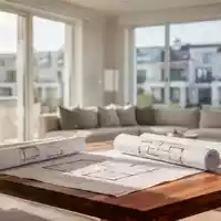 Modernes Wohnzimmer während einer energetischen Sanierung mit Bauplänen auf einem Holztisch. - Foto: über boerse-global.de