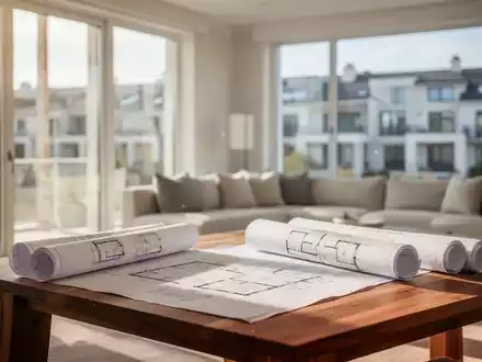 Modernes Wohnzimmer während einer energetischen Sanierung mit Bauplänen auf einem Holztisch. - Foto: über boerse-global.de