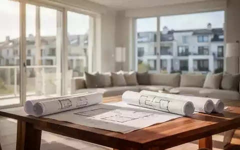 Modernes Wohnzimmer während einer energetischen Sanierung mit Bauplänen auf einem Holztisch. - Foto: über boerse-global.de