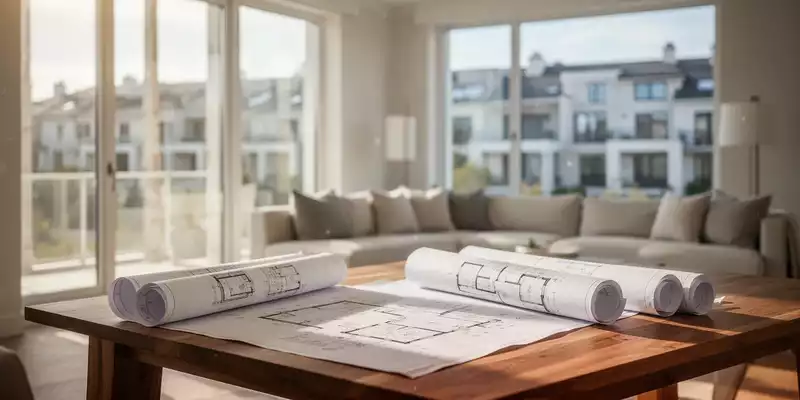 Modernes Wohnzimmer während einer energetischen Sanierung mit Bauplänen auf einem Holztisch. - Foto: über boerse-global.de