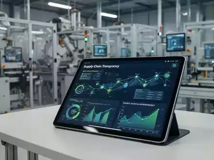 Digitales Tablet mit Datenvisualisierungen zur Lieferkettentransparenz in einer modernen Industrieanlage. - Foto: über boerse-global.de