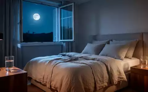 Modernes, minimalistisches Schlafzimmer bei Nacht mit hochwertiger Leinenbettwäsche und sanftem Mondlicht. - Foto: über boerse-global.de