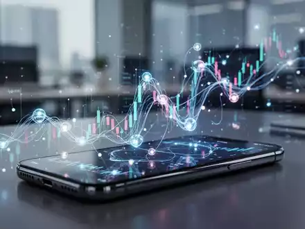 Abstrakte Darstellung von Finanzdatenströmen und KI-Schnittstellen auf einem Smartphone-Bildschirm in einem modernen Büro. - Foto: über boerse-global.de