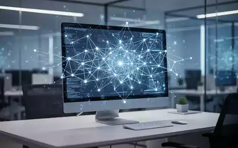 Moderner Büroarbeitsplatz mit digitalem Netzwerk-Overlay auf einem Monitor als Symbol für KI-Transparenz am Arbeitsplatz. - Foto: über boerse-global.de