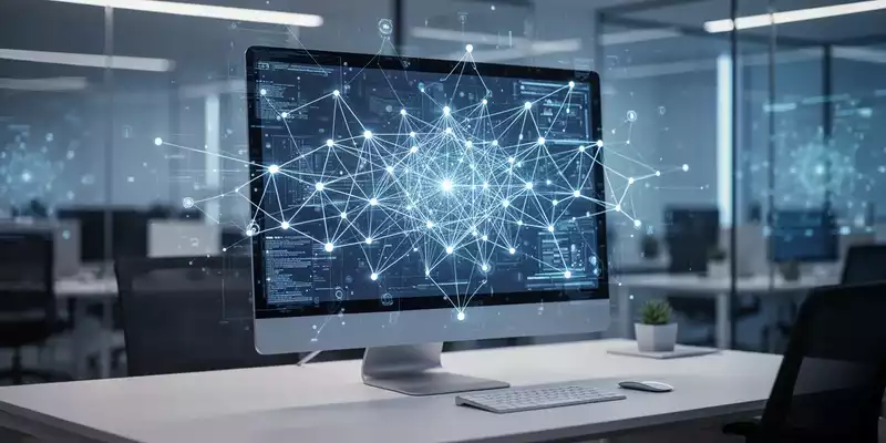 Moderner Büroarbeitsplatz mit digitalem Netzwerk-Overlay auf einem Monitor als Symbol für KI-Transparenz am Arbeitsplatz. - Foto: über boerse-global.de