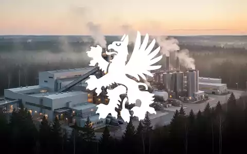 Moderne Industrieanlage in einer Waldlandschaft bei Sonnenaufgang, symbolisiert die Papier- und Forstwirtschaft. - Foto: über boerse-global.de