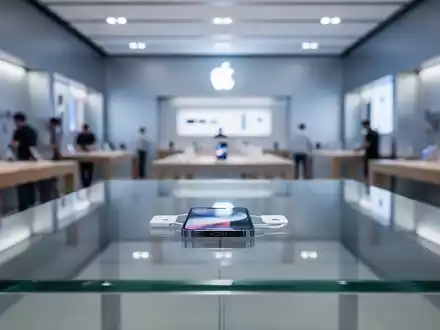 Ein modernes iPhone auf einem eleganten Display-Tisch in einem minimalistisch gestalteten Apple Store. - Foto: über boerse-global.de