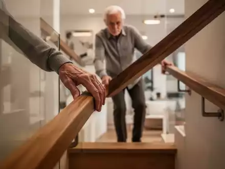 Eine Person nutzt einen stabilen Handlauf, um sicher eine Treppe zu steigen, als Teil der physiotherapeutischen Mobilität. - Foto: über boerse-global.de