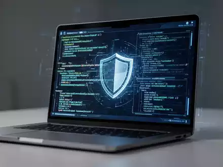 Laptop-Bildschirm mit komplexem Cybersicherheitscode und digitalem Schildsymbol, das Schwachstellenmanagement darstellt. - Foto: über boerse-global.de