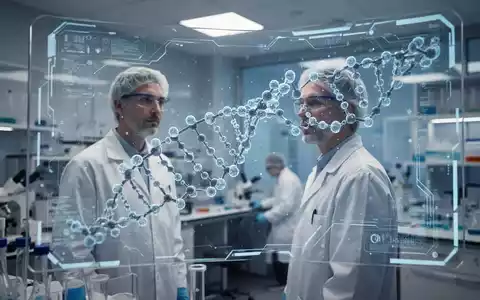 Wissenschaftler betrachtet eine komplexe molekulare DNA-Struktur auf einem holografischen Bildschirm im Forschungslabor. - Foto: über boerse-global.de