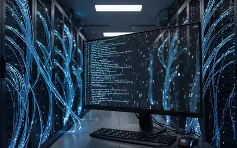 Leuchtende Serverraumkabel und Codezeilen auf einem Terminalbildschirm, die digitale Sicherheitsverletzungen darstellen. - Foto: über boerse-global.de