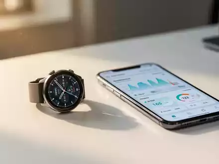 Smartwatch und Smartphone zeigen Gesundheitsdaten auf einem Schreibtisch, die digitale Gesundheitssynchronisation darstellen. - Foto: über boerse-global.de