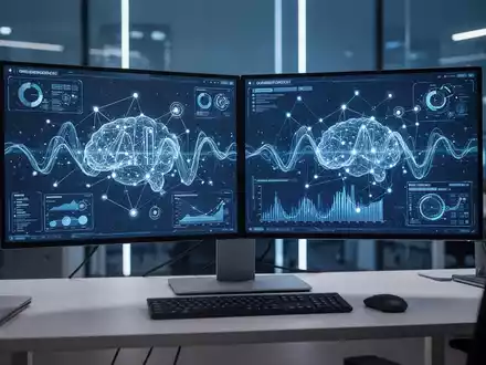 Moderner, eleganter Arbeitsplatz mit leuchtenden Datenvisualisierungen auf Bildschirmen, die Microsofts KI-Agenten-Entwicklungstools darstellen. - Foto: über boerse-global.de