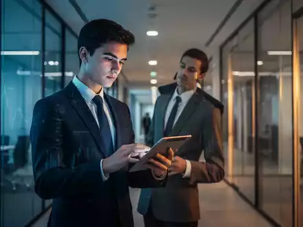 Junger Hochschulabsolvent in Business-Kleidung in einem modernen Bürogebäude, der nachdenklich auf ein Tablet schaut. - Foto: über boerse-global.de