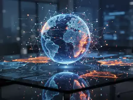 Leuchtendes digitales Globus-Hologramm mit globalen Cybersicherheitsdaten und Netzwerkknoten in professionellem Umfeld. - Foto: über boerse-global.de