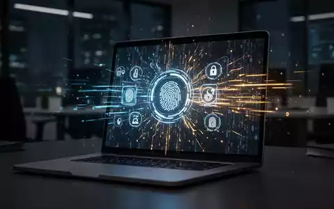 Abstrakte digitale Sicherheitskonzepte und biometrische Symbole auf einem Laptop-Bildschirm in einer dunklen Büroumgebung. - Foto: über boerse-global.de