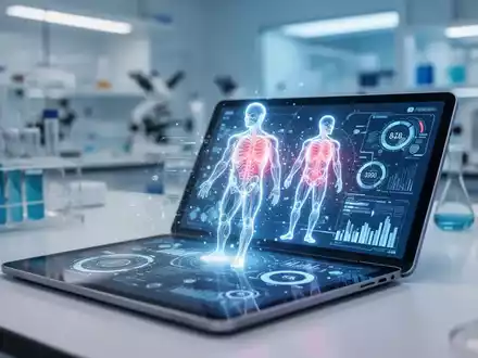 Digitales Tablet mit medizinischen Datenvisualisierungen und anatomischen Grafiken in einem modernen Labor. - Foto: über boerse-global.de