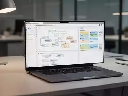 Moderner Arbeitsplatz mit Laptop und Projektmanagement-Visualisierungen zur Workflow-Optimierung. - Foto: über boerse-global.de