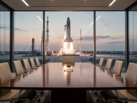Moderner Konferenzraum mit Blick auf eine Raketenstartrampe bei Dämmerung. - Foto: über boerse-global.de
