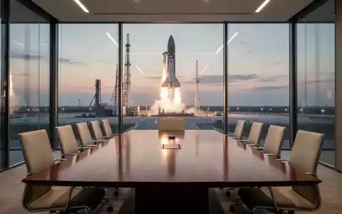 Moderner Konferenzraum mit Blick auf eine Raketenstartrampe bei Dämmerung. - Foto: über boerse-global.de