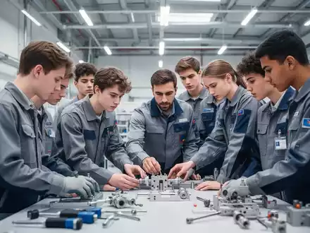 Junge Auszubildende arbeiten gemeinsam an einer technischen Anlage in einem modernen deutschen Industriebetrieb. - Foto: über boerse-global.de