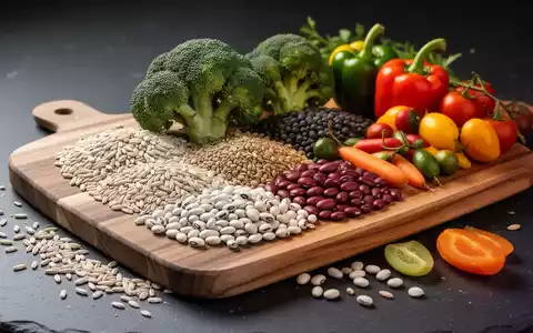 Frisches Gemüse, Hülsenfrüchte und Vollkornprodukte auf einem dunklen Holzhintergrund als Symbol für gesunde Ernährung. - Foto: über boerse-global.de