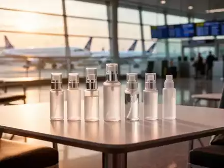 Hochwertige, nachfüllbare Reiseflaschen für Kosmetika auf einem modernen Tisch in einem Flughafen-Lounge-Bereich. - Foto: über boerse-global.de