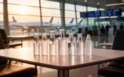Hochwertige, nachfüllbare Reiseflaschen für Kosmetika auf einem modernen Tisch in einem Flughafen-Lounge-Bereich. - Foto: über boerse-global.de