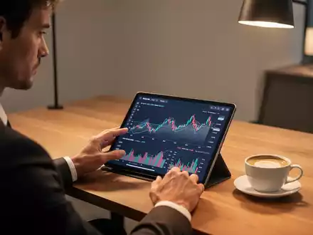 Eine Person betrachtet nachdenklich Finanzgrafiken auf einem Tablet an einem minimalistischen Schreibtisch. - Foto: über boerse-global.de