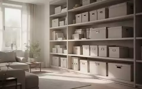 Minimalistisch gestalteter, aufgeräumter Wohnraum mit Regalen und sortierten Aufbewahrungsboxen in hellem Tageslicht. - Foto: über boerse-global.de
