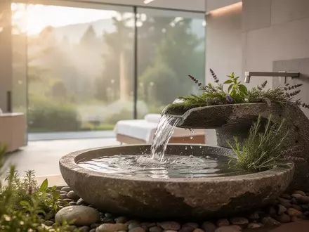 Modernes Ambiente einer Kneipp-Anlage mit fließendem Wasser und Heilpflanzen, das ganzheitliche Gesundheit symbolisiert. - Foto: über boerse-global.de